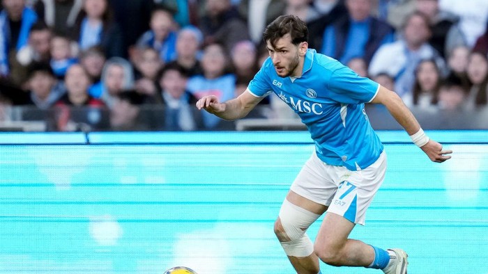 Khvicha Kvaratskhelia of SSC Napoli during the serie Serie A Enilive match between SSC Napoli and Venezia FC at Stadio Diego Armando Maradona on December 29, 2024 in Naples, Italy  (Photo by Giuseppe Maffia/NurPhoto via Getty Images)
