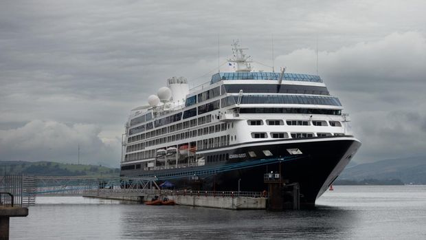The cruise ship Azamara Quest tied up in the Port of Greenock on the River Clyde, Scotland, UK. The Azamara Quest is currently owned by Sycamore Partners, a private equity company headquartered in New York.
