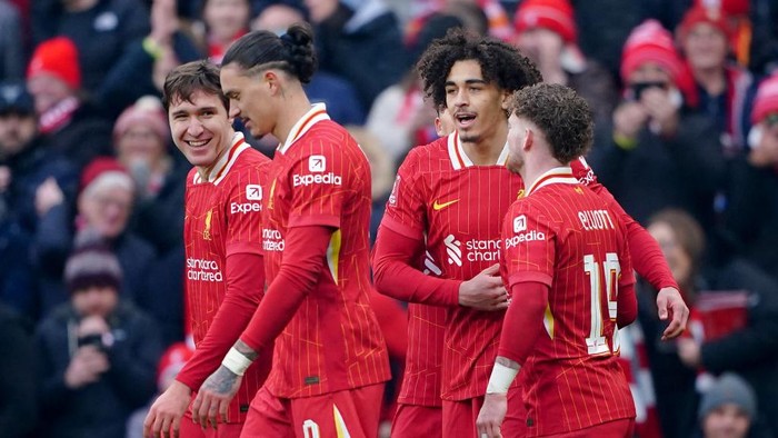 Liverpools Jayden Danns celebrates scoring their sides third goal of the game during the Emirates FA Cup third round match at Anfield, Liverpool. Picture date: Saturday January 11, 2025. (Photo by Peter Byrne/PA Images via Getty Images)
