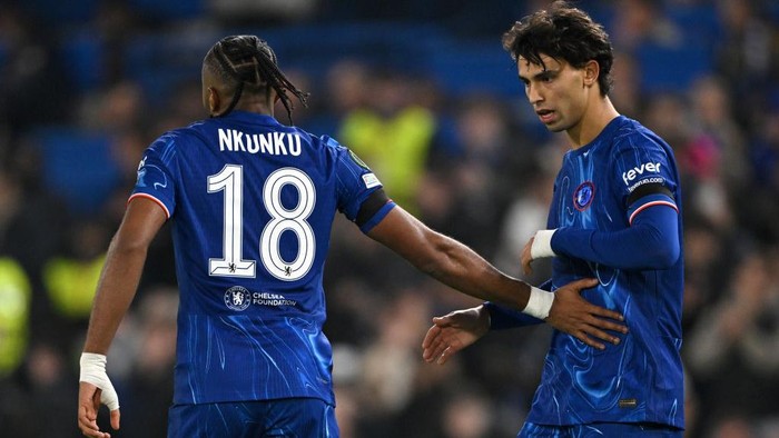 LONDON, ENGLAND - NOVEMBER 07: Joao Felix of Chelsea celebrates with teammate Christopher Nkunku after scoring his teams sixth goal during the UEFA Conference League 2024/25 League Phase MD3 match between Chelsea FC and FC Noah at Stamford Bridge on November 07, 2024 in London, England. (Photo by Mike Hewitt/Getty Images)