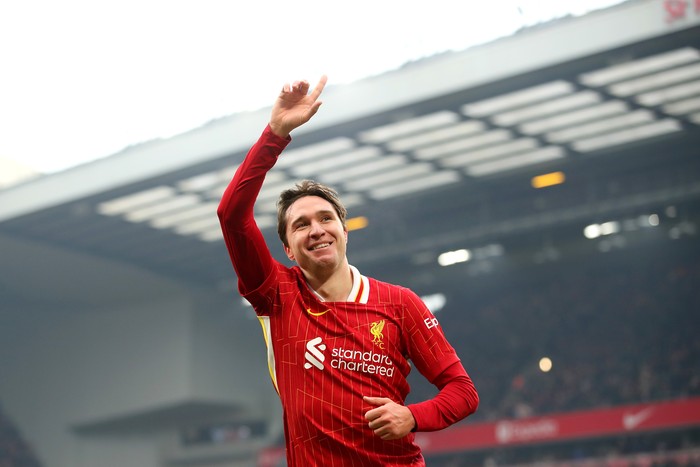 LIVERPOOL, ENGLAND - JANUARY 11: Federico Chiesa of Liverpool celebrates scoring his teams fourth goal during the Emirates FA Cup Third Round match between Liverpool and Accrington Stanley at Anfield on January 11, 2025 in Liverpool, England. (Photo by Jan Kruger/Getty Images)