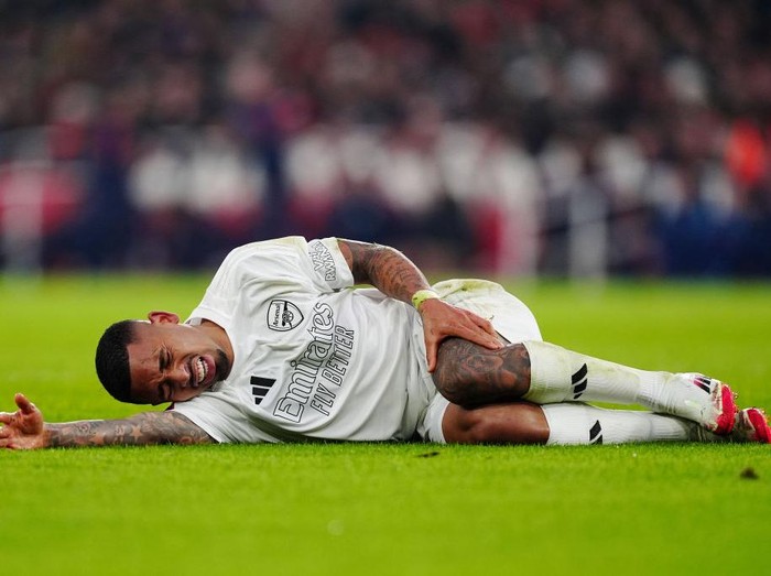 Arsenal's Gabriel Jesus goes down injured during the Emirates FA Cup third round match at the Emirates Stadium, London. Picture date: Sunday January 12, 2025. (Photo by Mike Egerton/PA Images via Getty Images)
