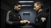 Meme wasit diajak kolabs sama Mikel Arteta sebelum laga. Foto: dok. Internet/X (Twitter)