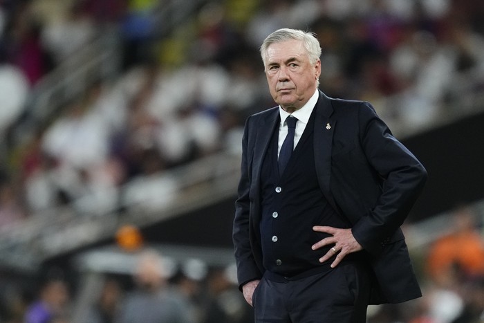 Carlo Ancelotti head coach of Real Madrid during the Spanish Super Cup final match between Real Madrid and FC Barcelona at King Abdullah Sports City on January 12, 2025 in Jeddah, Saudi Arabia. (Photo by Jose Breton/Pics Action/NurPhoto via Getty Images)