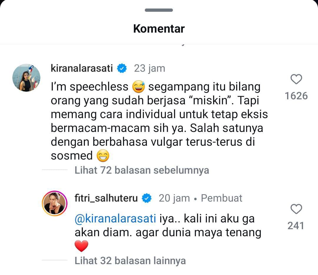 Kirana Larasati komentari unggahan Fitri Salhuteru