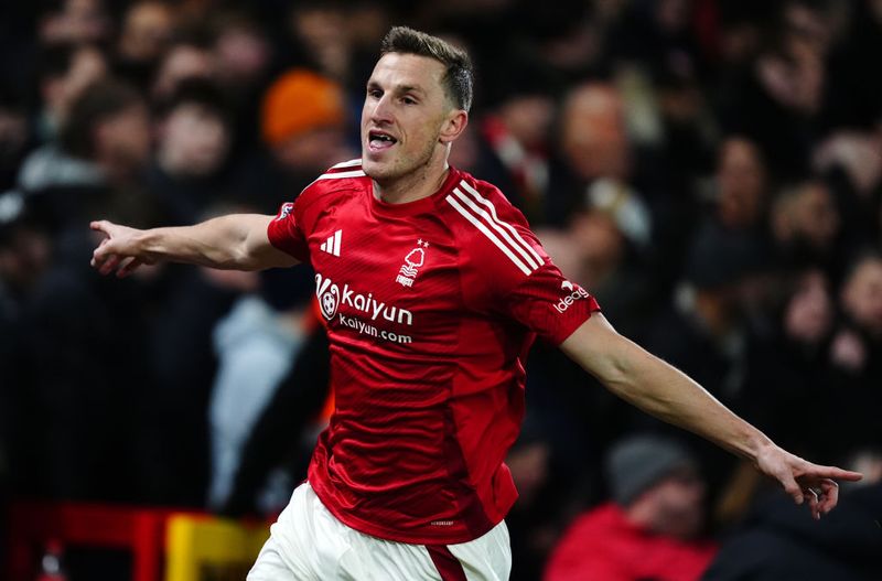 Nottingham Forest's Chris Wood celebrates scoring the opening goal during the Premier League match at The City Ground, Nottingham. Picture date: Tuesday January 14, 2025. (Photo by Mike Egerton/PA Images via Getty Images)