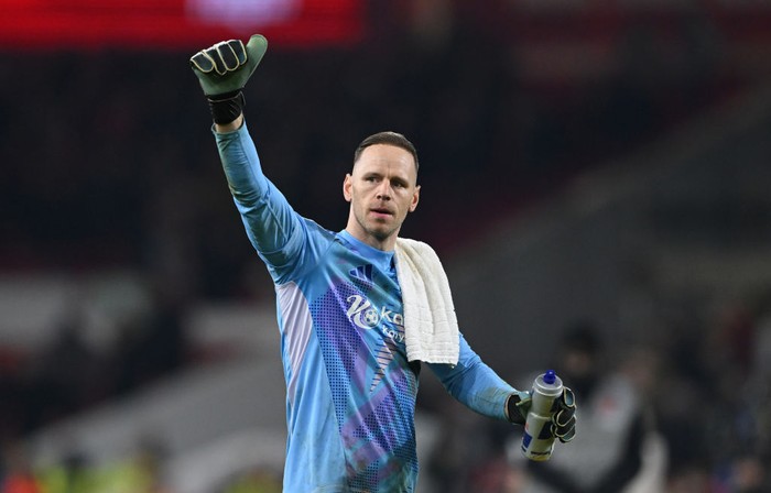 NOTTINGHAM, ENGLAND - JANUARY 14: Matz Sels of Nottingham Forest gestures at full-time following the teams draw in the Premier League match between Nottingham Forest FC and Liverpool FC at City Ground on January 14, 2025 in Nottingham, England. (Photo by Shaun Botterill/Getty Images)