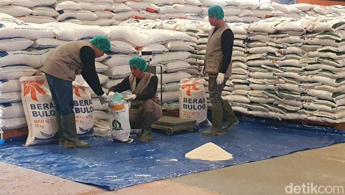 Petugas di gudang Bulog Kenten Palembang menganalisa mutu beras.