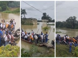 Siswa SMA di Lampung Naik Getek gegara Pembangunan Jembatan Mangkrak