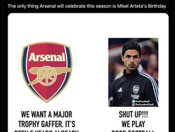 Fans Arsenal diledek cuma akan merayakan pesta ulang tahun Arteta saja di akhir musim ini. Foto: dok. Internet/X (Twitter)