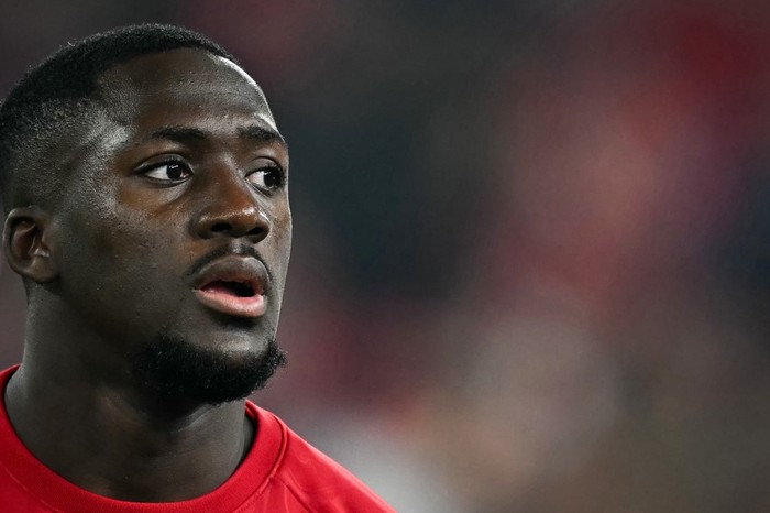 Liverpools French defender #05 Ibrahima Konate reacts prior to the UEFA Champions League football match between Liverpool and Bayer Leverkusen at Anfield stadium, in Liverpool, north west England, on November 5, 2024. (Photo by Paul ELLIS / AFP)