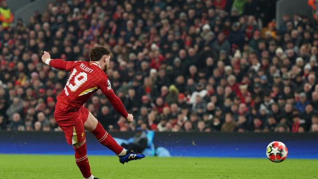 Soccer Football - Champions League - Liverpool v Lille - Anfield, Liverpool, Britain - January 21, 2025 Liverpool's Harvey Elliott scores their second goal REUTERS/Phil Noble