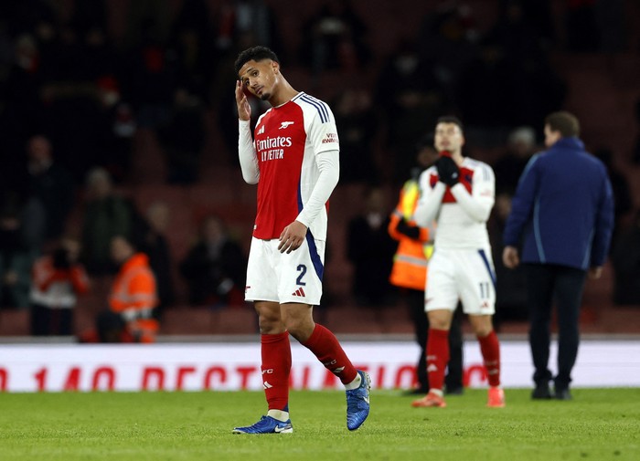 William Saliba Soccer Football - Carabao Cup - Semi Final - First Leg - Arsenal v Newcastle United - Emirates Stadium, London, Britain - January 7, 2025 Arsenals William Saliba after the match Action Images via Reuters/Peter Cziborra EDITORIAL USE ONLY. NO USE WITH UNAUTHORIZED AUDIO, VIDEO, DATA, FIXTURE LISTS, CLUB/LEAGUE LOGOS OR LIVE SERVICES. ONLINE IN-MATCH USE LIMITED TO 120 IMAGES, NO VIDEO EMULATION. NO USE IN BETTING, GAMES OR SINGLE CLUB/LEAGUE/PLAYER PUBLICATIONS. PLEASE CONTACT YOUR ACCOUNT REPRESENTATIVE FOR FURTHER DETAILS..