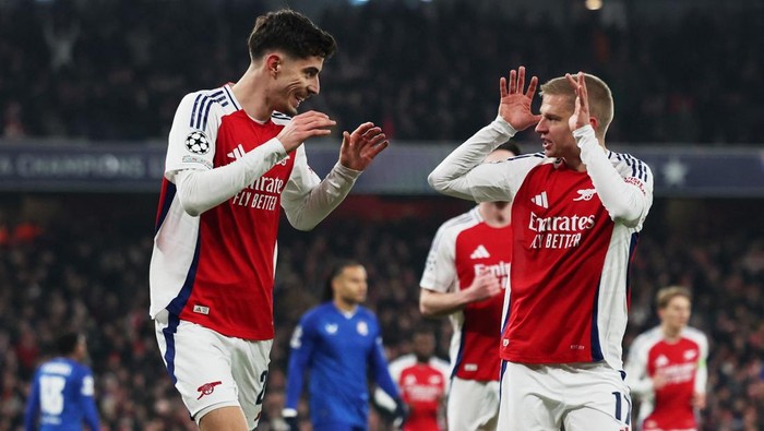 Soccer Football - Champions League - Arsenal v GNK Dinamo Zagreb - Emirates Stadium, London, Britain - January 22, 2025 Arsenals Kai Havertz celebrates scoring their second goal with Oleksandr Zinchenko Action Images via Reuters/Paul Childs