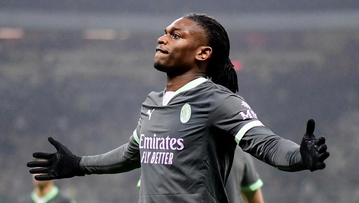Soccer Football - Champions League - AC Milan v Girona - San Siro, Milan, Italy - January 22, 2025 AC Milans Rafael Leao celebrates scoring their first goal REUTERS/Daniele Mascolo