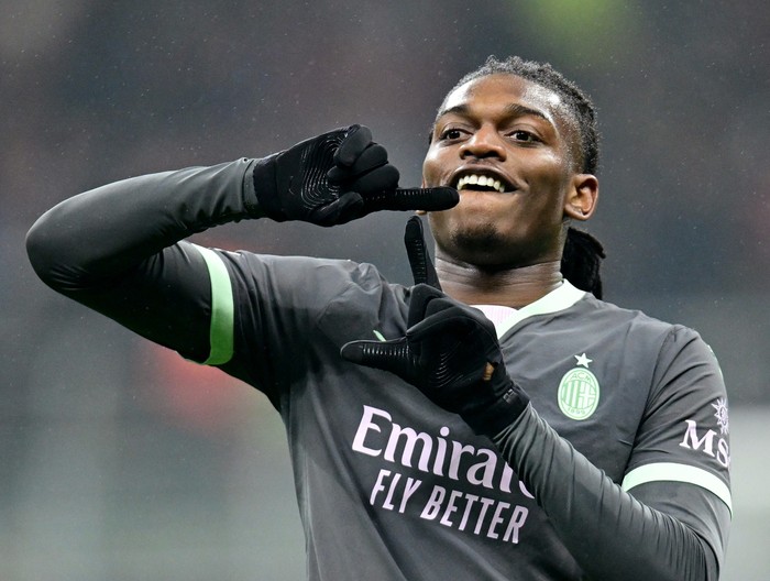 Soccer Football - Champions League - AC Milan v Girona - San Siro, Milan, Italy - January 22, 2025 AC Milan's Rafael Leao celebrates scoring their first goal REUTERS/Daniele Mascolo