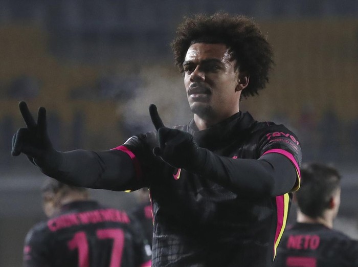Chelsea's Renato Veiga celebrates after scoring his side's third goal during the Europa Conference League opening phase soccer match between Astana and Chelsea at the Almaty Ortalyk stadium in Almaty, Kazakhstan, Thursday, Dec. 12, 2024. (AP Photo)