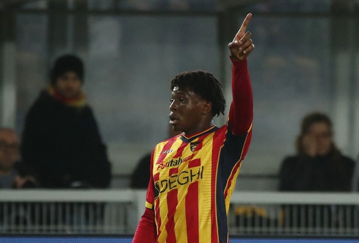 Soccer Football - Serie A - Lecce v Inter Milan - Stadio Via del mare, Lecce, Italy - January 26, 2025 Lecces Patrick Dorgu reacts REUTERS/Alessandro Garofalo