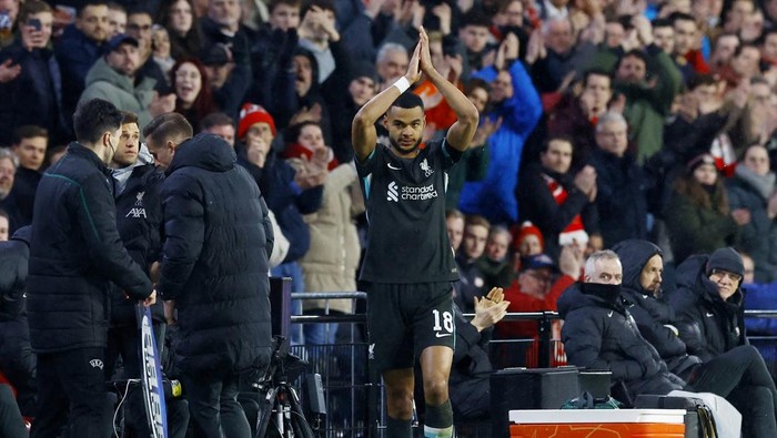 Soccer Football - Champions League - PSV Eindhoven v Liverpool - Philips Stadion, Eindhoven, Netherlands - January 29, 2025  Liverpools Cody Gakpo reacts after being substituted REUTERS/Piroschka Van De Wouw