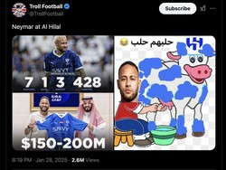 Salah satu meme Neymar Gabut; minim mainnya, banyak uangnya. Al Hilal diibaratkan sapi perah Neymar sebelum akhirnya kedua pihak sepakat berpisah. Foto: dok. Internet/X (Twitter)
