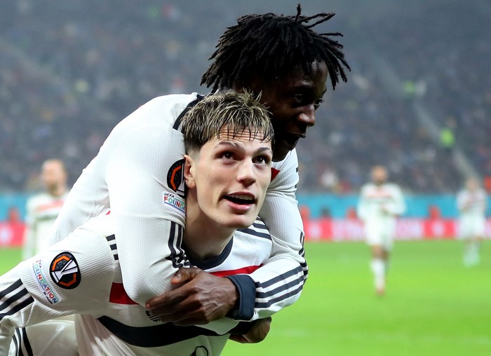 Alejandro Garnacho Soccer Football - Europa League - FCSB v Manchester United - National Arena, Bucharest, Romania - January 30, 2025 Manchester Uniteds Kobbie Mainoo celebrates scoring their second goal with Alejandro Garnacho Inquam Photos via REUTERS/Stefan Constanttin 22 ROMANIA OUT. NO COMMERCIAL OR EDITORIAL SALES IN ROMANIA. THIS IMAGE HAS BEEN SUPPLIED BY A THIRD PARTY.
