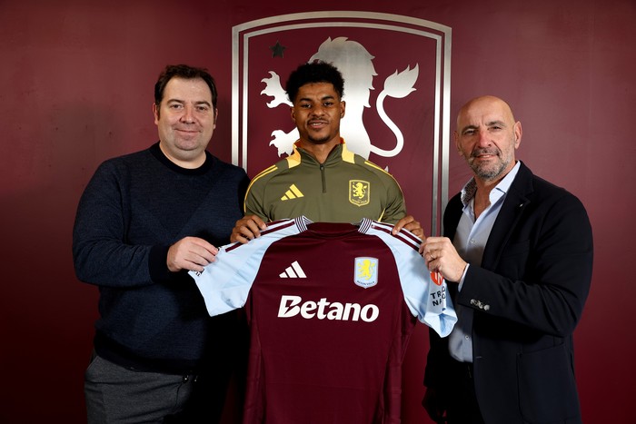 BIRMINGHAM, ENGLAND - FEBRUARY 02: Marcus Rashford of Aston Villa signs on loan for Aston Villa pictured with Damian Vidagany and Monchi at Bodymoor Heath training ground on February 02, 2025 in Birmingham, England. (Photo by Neville Williams/Aston Villa FC via Getty Images)