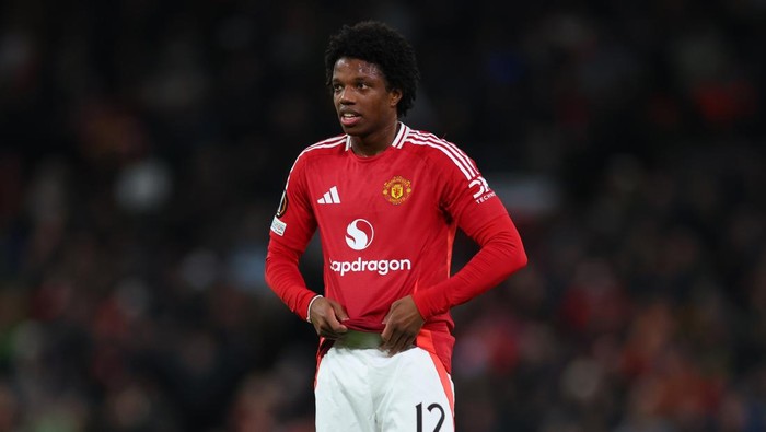 MANCHESTER, ENGLAND - JANUARY 23: Tyrell Malacia of Manchester United during the UEFA Europa League 2024/25 League Phase MD7 match between Manchester United and Rangers FC at Old Trafford on January 23, 2025 in Manchester, England. (Photo by Marc Atkins/Getty Images)