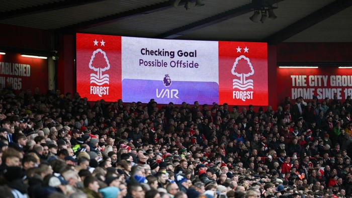 VAR checks for a possible offside during the Premier League match between Nottingham Forest and Brighton and Hove Albion at the City Ground in Nottingham, England, on February 1, 2025. (Photo by MI News/NurPhoto via Getty Images)