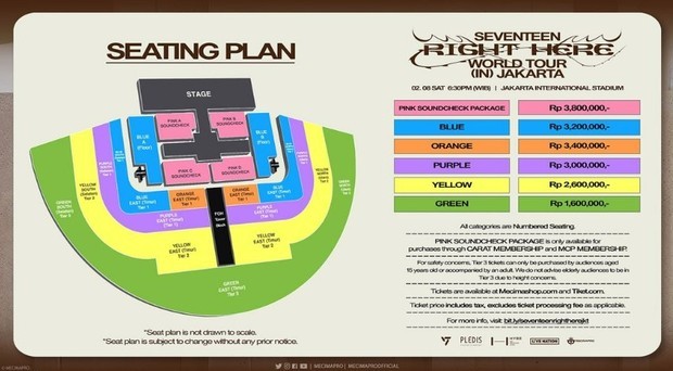 Daftar harga tiket konser SEVENTEEN [RIGHT HERE] di Jakarta/Foto: Instagram @mecimapro