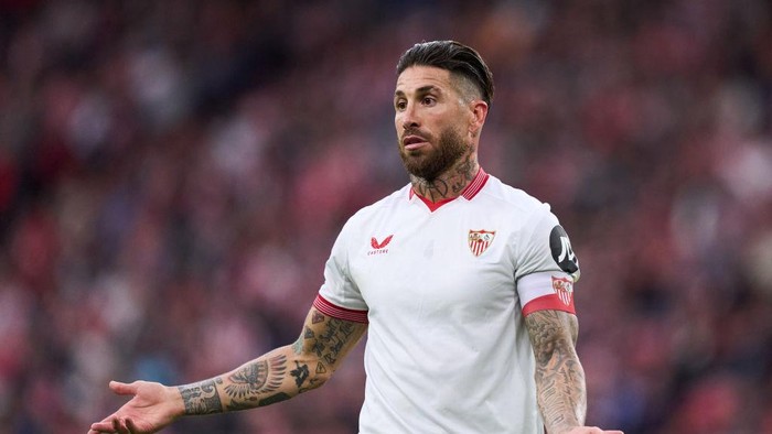 BILBAO, SPAIN - MAY 19: Sergio Ramos of Sevilla FC reacts during the LaLiga EA Sports match between Athletic Bilbao and Sevilla FC at Estadio de San Mames on May 19, 2024 in Bilbao, Spain. (Photo by Juan Manuel Serrano Arce/Getty Images)