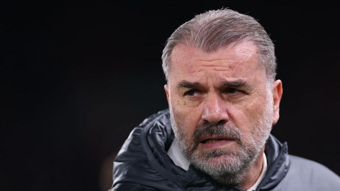 LIVERPOOL, ENGLAND - FEBRUARY 6: Ange Postecoglou manager / head coach of Tottenham Hotspur  during the Carabao Cup Semi Final Second Leg match between Liverpool and Tottenham Hotspur at Anfield on February 6, 2025 in Liverpool, England. (Photo by Robbie Jay Barratt - AMA/Getty Images)