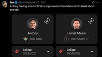 Bahkan catatan musim pertama Antony disebut lebih baik ketimbang catatan Lionel Messi saat baru pertama kali main di Liga Spanyol musim 2004/2005 lalu. (Foto: X @NoodleHairCR7)