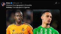 Antony disebut langsung melewati catatan Vinicius, yang diledek belum bisa merebut Man of the Match dalam tiga bulan terakhir. (Foto: X @Bri_an)