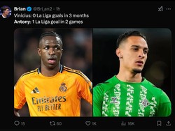 Antony disebut langsung melewati catatan Vinicius, yang diledek belum bisa merebut Man of the Match dalam tiga bulan terakhir. (Foto: X @Bri_an)