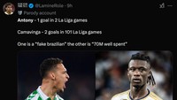Begitu juga catatan gol Antony dicap lebih baik ketimbang Eduardo Camavinga, gelandang mahal Real Madrid. (Foto: X @LamineRole)