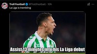Usai nyaris bikin assist dalam debutnya, Antony bisa bikin gol di laga keduanya. Bukan kaleng-kaleng! (Foto: X @TrollFootball)