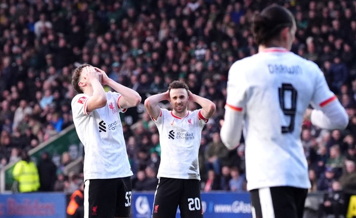 Liverpools James McConnell (left) reacts to a missed chance during the Emirates FA Cup fourth round match at Home Park, Plymouth. Picture date: Sunday February 9, 2025. (Photo by Adam Davy/PA Images via Getty Images)