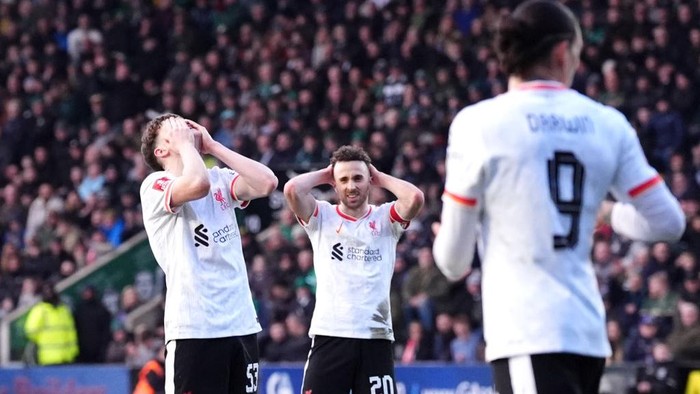 Liverpools James McConnell (left) reacts to a missed chance during the Emirates FA Cup fourth round match at Home Park, Plymouth. Picture date: Sunday February 9, 2025. (Photo by Adam Davy/PA Images via Getty Images)
