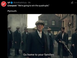 Rencana Liverpool meraih empat gelar dalam semusim diadang Plymouth dengan berani bak Thomas Shelby di serial Peaky Blinders. (Foto: X @UTDFaithfuls)
