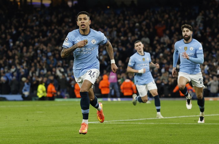 Soccer Football - Champions League - Manchester City v Club Brugge - Etihad Stadium, Manchester, Britain - January 29, 2025 Manchester City's Savinho celebrates scoring their third goal Action Images via Reuters/Jason Cairnduff