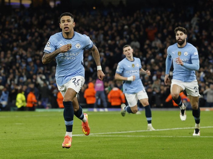 Soccer Football - Champions League - Manchester City v Club Brugge - Etihad Stadium, Manchester, Britain - January 29, 2025 Manchester City's Savinho celebrates scoring their third goal Action Images via Reuters/Jason Cairnduff