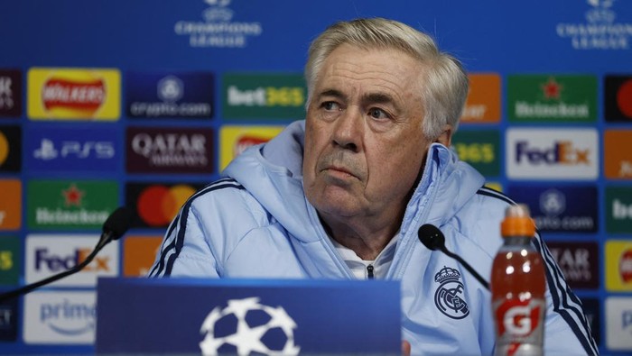 Soccer Football - Champions League - Real Madrid Press Conference  - Etihad Stadium, Manchester, Britain - February 10, 2025 Real Madrid coach Carlo Ancelotti during the press conference Action Images via Reuters/Jason Cairnduff