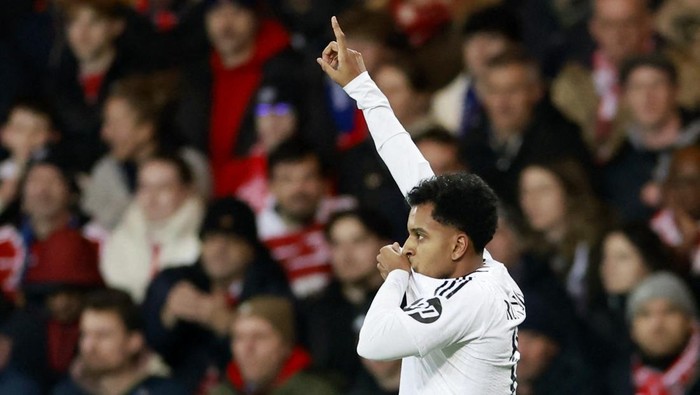 SOCCER-CHAMPIONS-BRE-RMA/REPORT Soccer Football - Champions League - Brest v Real Madrid - Stade de Roudourou, Guingamp, France - January 29, 2025 Real Madrids Rodrygo celebrates scoring their first goal REUTERS/Stephane Mahe