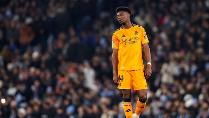 Manchester, United Kingdom - February 11: Aurelien Tchouameni of Real Madrid looks on during the UEFA Champions League 2024/25 League Knockout Play-off First Leg match between Manchester City and Real Madrid C.F. at Etihad Stadium on February 11, 2025 in Manchester, England. (Photo by Ryan Crockett/DeFodi Images via Getty Images)