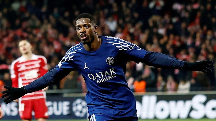 Ousmane Dembele Soccer Football - Champions League - Knockout Phase Playoff - First Leg - Brest v Paris St Germain - Stade de Roudourou, Guingamp, France - February 11, 2025 Paris St Germains Ousmane Dembele celebrates scoring their second goal REUTERS/Stephane Mahe TPX IMAGES OF THE DAY