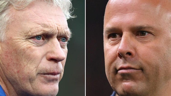FILE PHOTO (EDITORS NOTE: COMPOSITE OF IMAGES - Image numbers 2195869203,2187190586) In this composite image a comparison has been made between David Moyes, Manager of Everton (L) and Arne Slot, Manager of Liverpool . Liverpool and Everton meet in the Merseyside derby in a Premier League fixture on February 12,2025 at Anfield in Liverpool, England.  ***LEFT IMAGE*** BRIGHTON, ENGLAND - JANUARY 25: David Moyes, Manager of Everton, looks on prior to the Premier League match between Brighton & Hove Albion FC and Everton FC at Amex Stadium on January 25, 2025 in Brighton, England. (Photo by Bryn Lennon/Getty Images) ***RIGHT IMAGE*** LIVERPOOL, ENGLAND - NOVEMBER 27: Arne Slot, Manager of Liverpool, looks on prior to the UEFA Champions League 2024/25 League Phase MD5 match between Liverpool FC and Real Madrid C.F. at Anfield on November 27, 2024 in Liverpool, England. (Photo by Justin Setterfield/Getty Images)