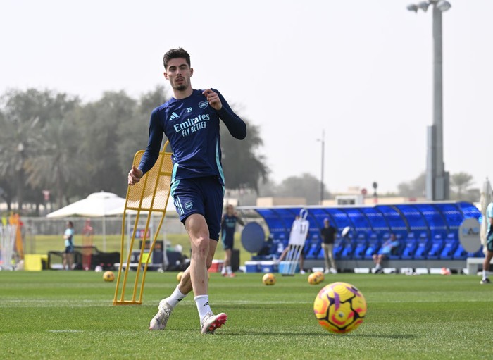 Kai Havertz Kai Havertzof Arsenal during a training session at NAS Sports Complex on February 08, 2025 in Dubai, United Arab Emirates. (Photo by Stuart MacFarlane/Arsenal FC via Getty Images)