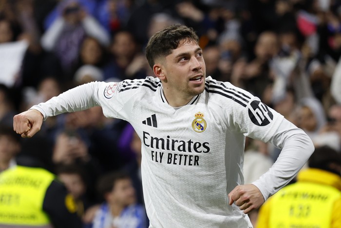 Real Madrids Federico Valverde celebrates after scoring his sides 4th goal against Celta de Vigo during a Copa del Rey round of 16 soccer match at the Santiago Bernabeu stadium in Madrid, Spain, Thursday, Jan. 16, 2025. (AP Photo/Pablo Garcia)