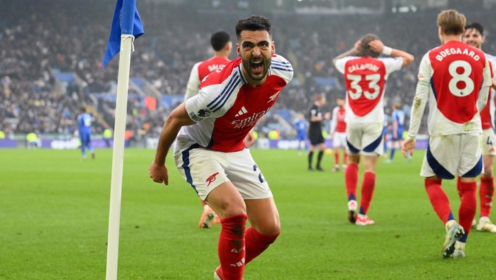 Mikel Merino of Arsenal celebrates after scoring a goal to make it 0-2 during the Premier League match between Leicester City and Arsenal at the King Power Stadium in Leicester, England, on February 15, 2025. (Photo by MI News/NurPhoto via Getty Images)