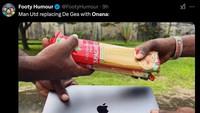 Banyak fans MU yang masih menyesal usai melepas David De Gea dan mendatangkan Andre Onana. Mirip spagetti yang gampang patah ditukar macbook canggih. (Foto: X.com)